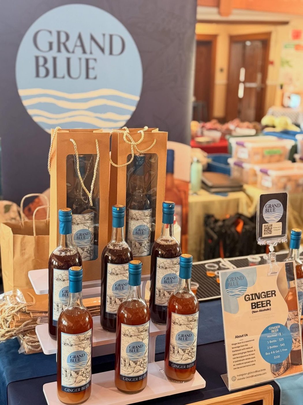 Grand Blue ginger beer bottle display